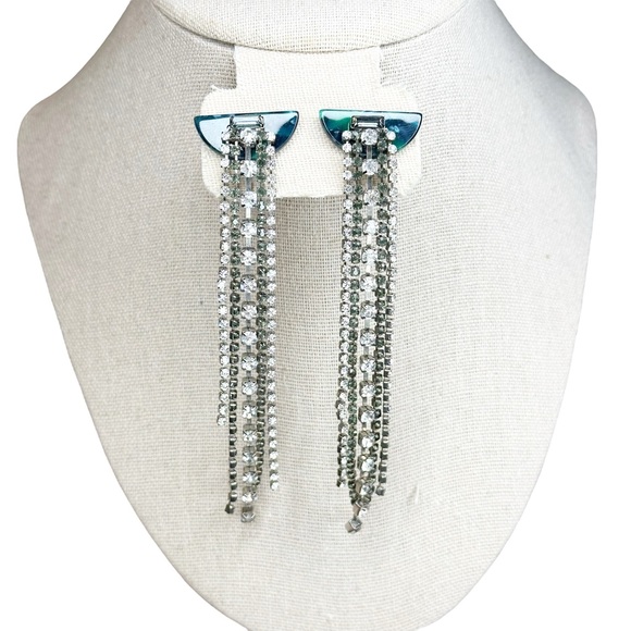 Art Deco Style Rhinestone Fringe Long Green Marbled Acrylic Earrings - Picture 5 of 7